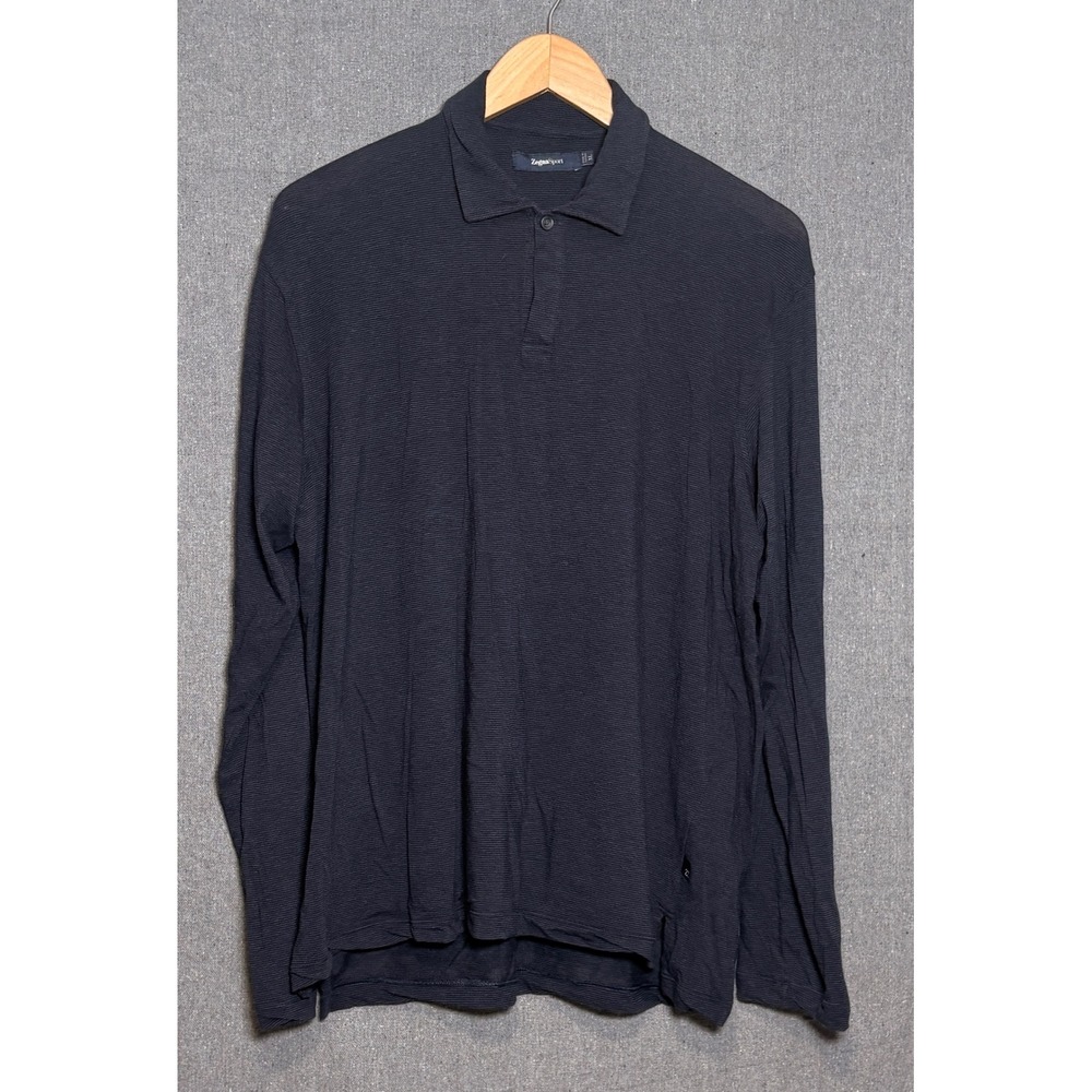 Zegna Sport Mens Long Sleeve Polo Shirt Navy Blue Lyocell Cotton Sz XL